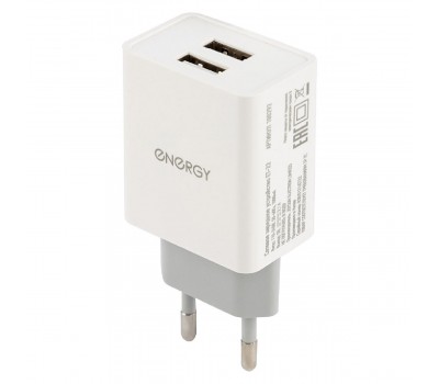 Сетевое зарядное устройство Energy ET-22, 2 USB разъема, 2,1А, цвет-белый (100292)