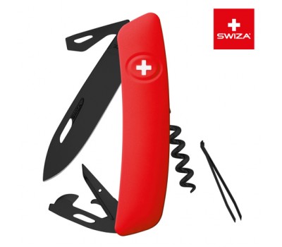 Швейцарский нож SWIZA D03 AllBlack, 95 мм, 11 функций, красный (подар. упак.) (KNI.0033.1000)